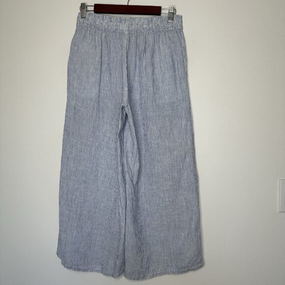 Tahari Pull on Pants Size S Wide Leg 100% Linen Cropped Blue White Stripe - Picture 7 of 11